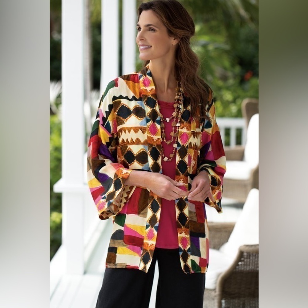 ANTHROPOLOGIE Soft Surroundings Margot Print Patchwork Summer Cardigan Cover Up